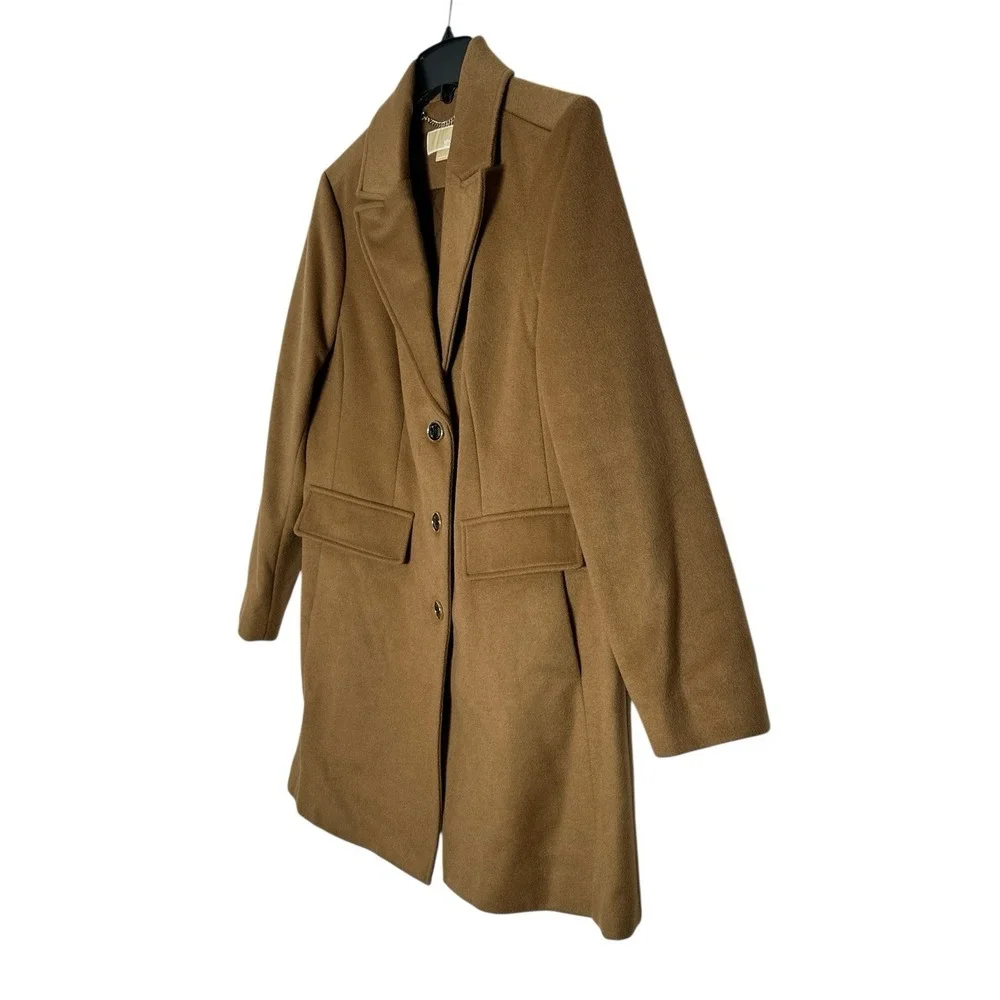 MICHAEL KORS trench coat women's Large Dark Camel Wool Blend Outdoor Career NWOT